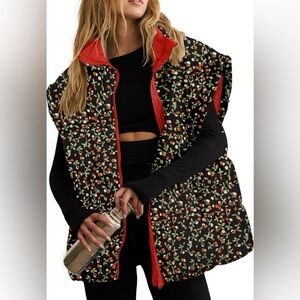 Womens Floral Oversized Puffer Vest Cap Sleeve Winter Warm Puffy Quilted Jacket